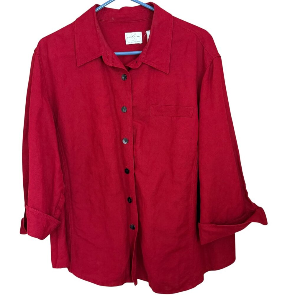 Emma James Red Linen Rayon Button Up Top 20W Long Sleeve Shacket Layering Office